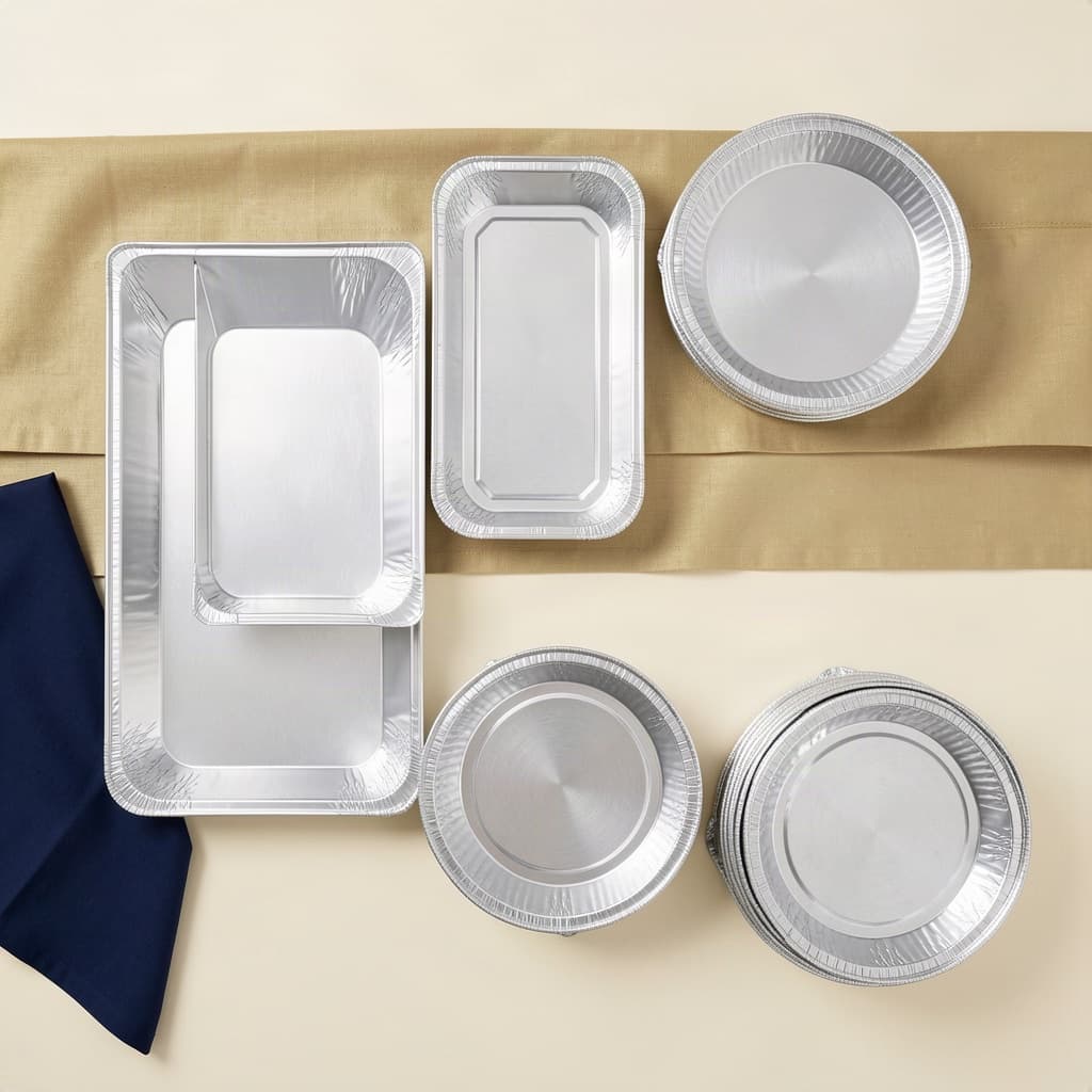 Stacked rectangular and round brushed aluminum foil pans