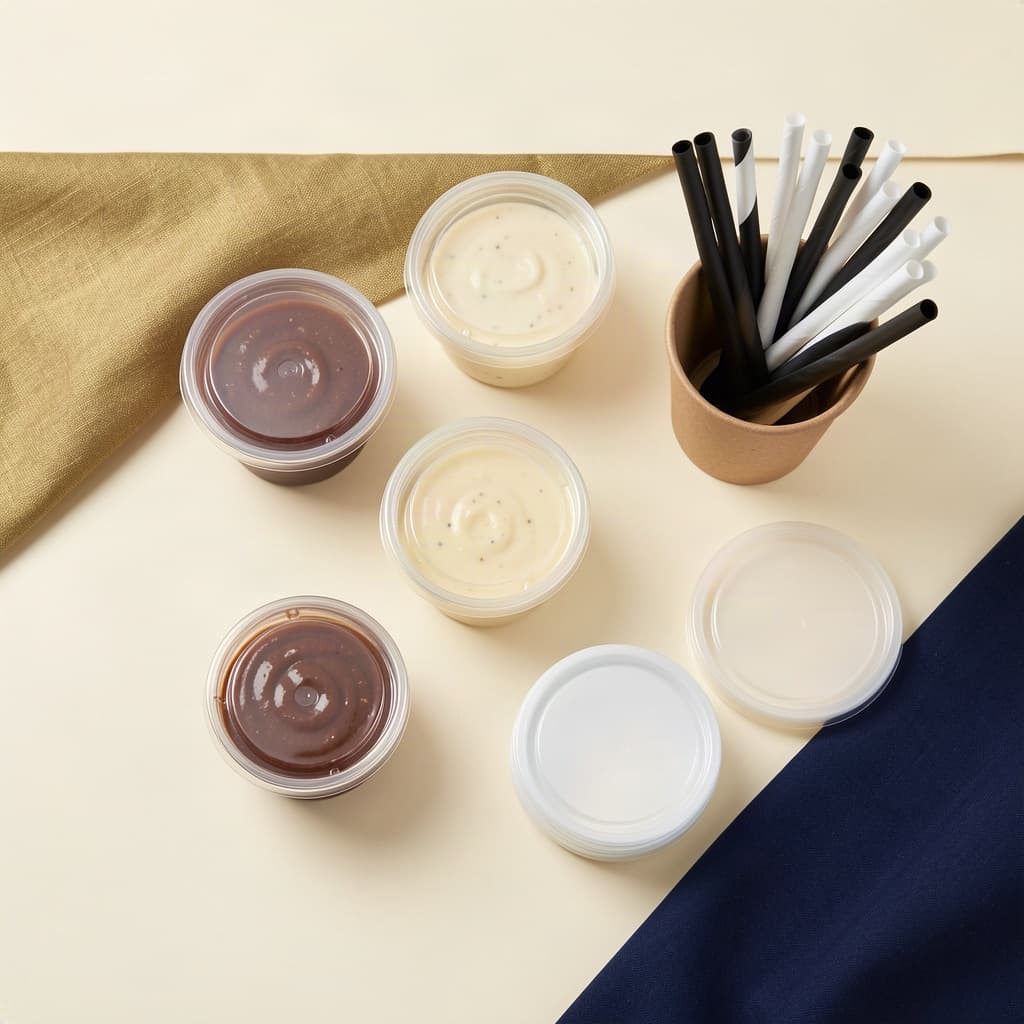 Clear PET cups, portion cups with lids, and straws
