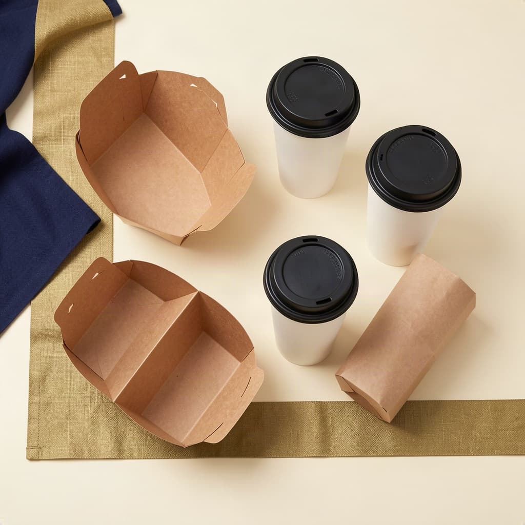 Kraft paper take-out boxes and white paper cups with black lids