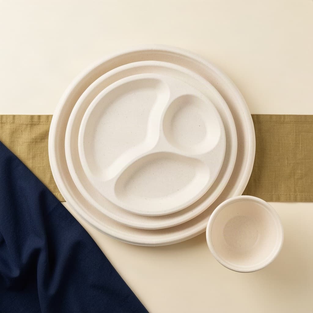 Off-white bagasse plates and bowls