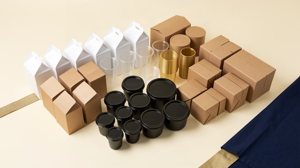 An organized lineup of wholesale take-out boxes and cups
